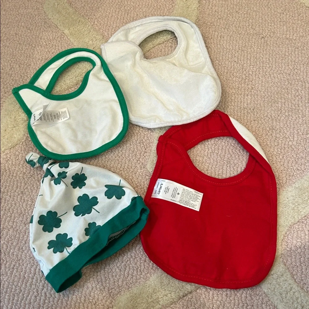 Baby’s First Christmas and Baby’s first St. Patrick’s Day bibs and hat